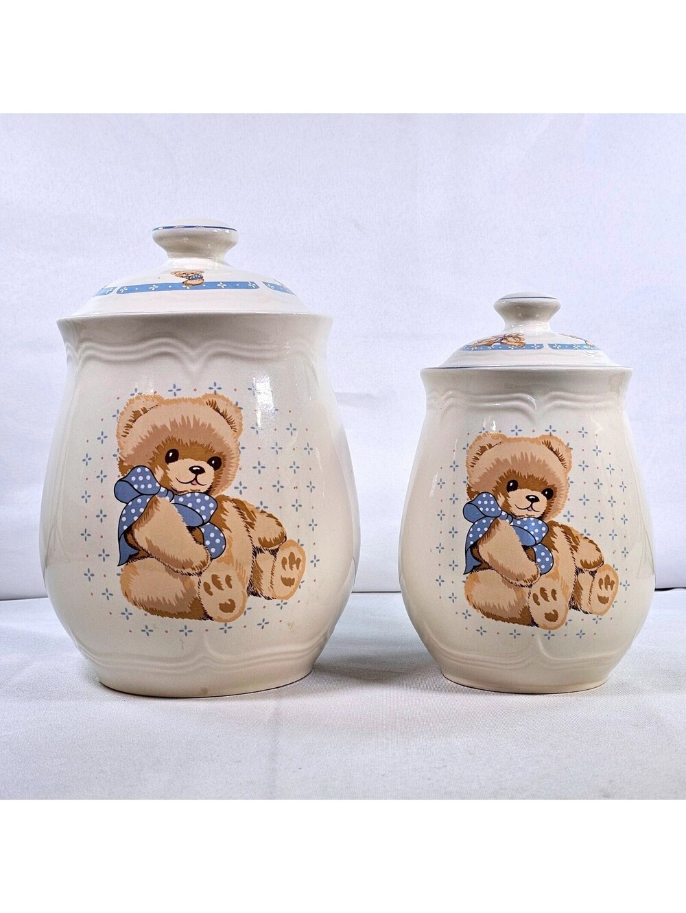 Tienshan Stoneware Teddy Bear Canister Set Cream Blue 2 Piece Vintage Kitchen